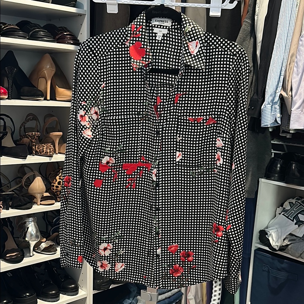 Equipment Black and White Gingham Floral Blouse